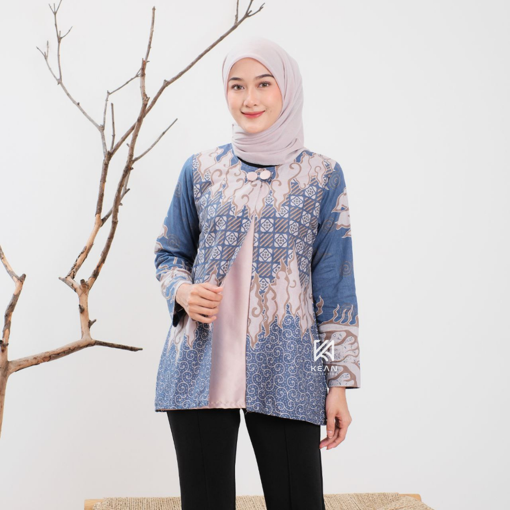KEAN Batik Wanita Modern Lengan Panjang Motif Saroja Series Jumputan Solo Atasan Tradisional Kemeja 