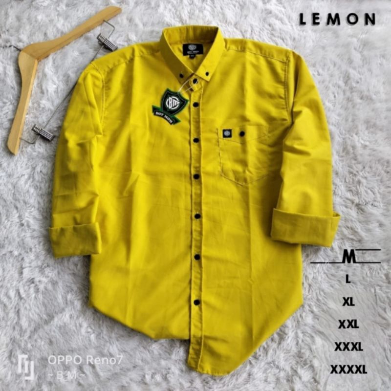 Kemeja Lemon Pria Lengan Panjang Formal Hem Polos Pria Casual Kemeja Kantor Pria Kuning Lemon