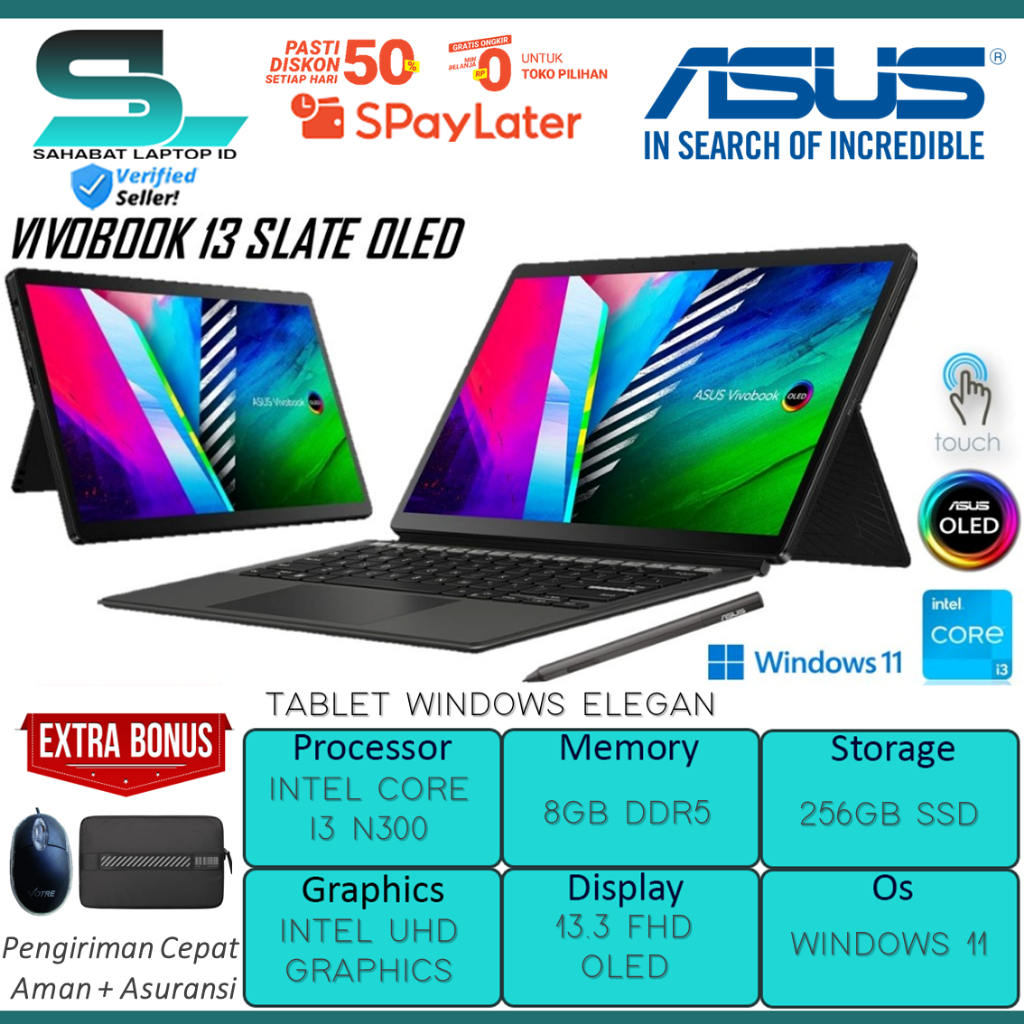 Laptop Tablet 2in1 Asus Vivobook 13 Slate Oled T3304ga Intel i3 N300 8gb 256gb Fhd touch stylus Wind