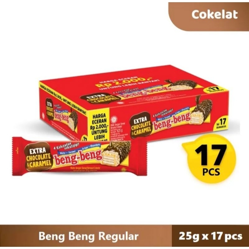 

Beng Beng Reguler Extra Chocolate & Caramel (1box isi 17pcs)