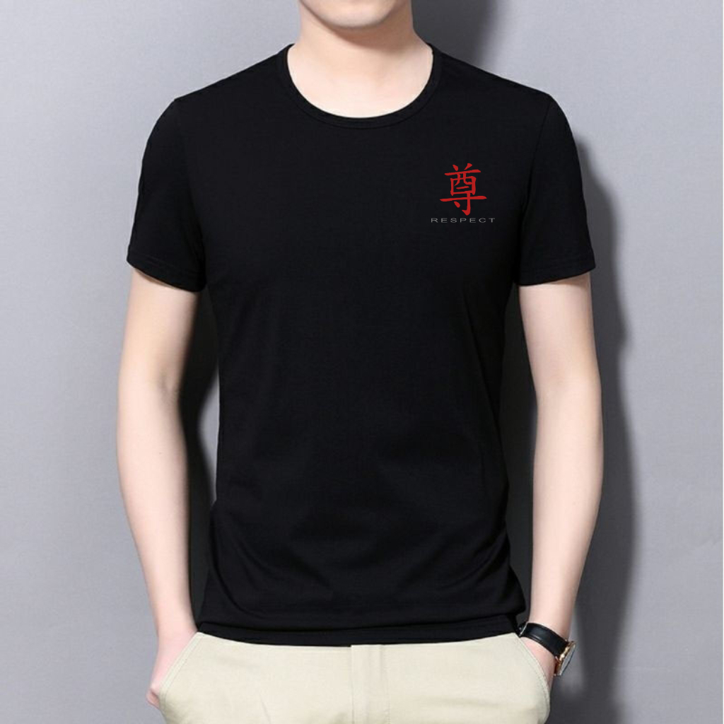 Baju Distro RESPECT Tulisan Jepang Hitam - Baju Kaos Pria Lengan Pendek - Baju Kaos Pria Simple