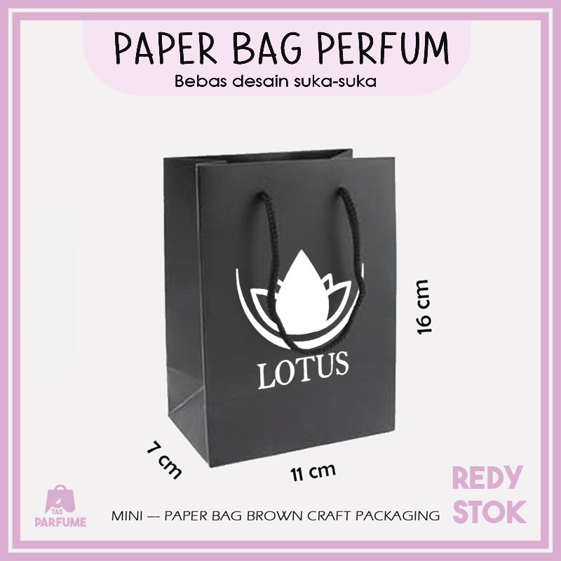 

(+SABLON) Paper Bag Parfume Mini Hitam UK. 16x7x11 CM / Papper Bag Kado Parfume Packaging Online Shop / Paperbaga Parfume Bebas Desain Suka-Suka