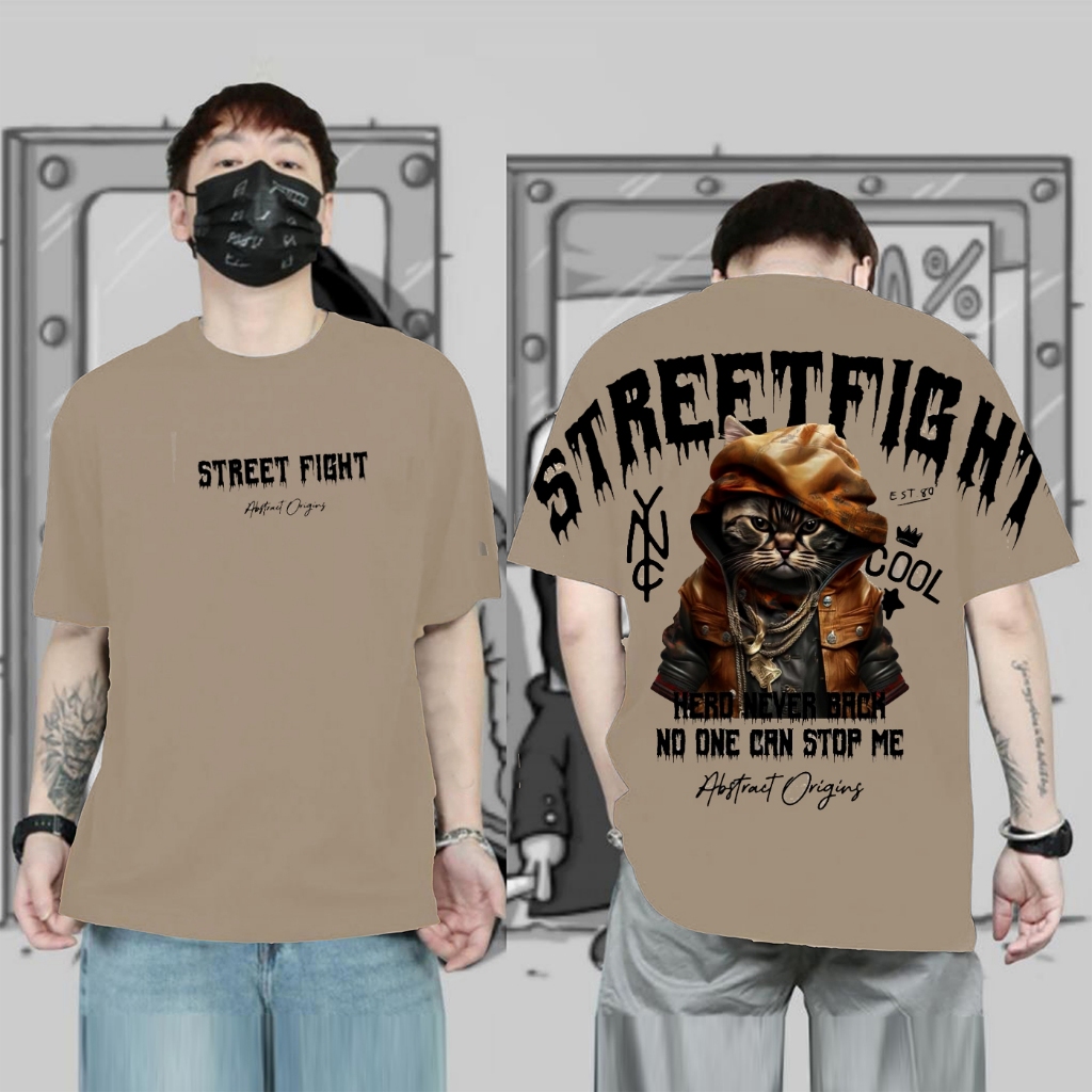 Baju Kaos Distro Pria Dewasa Keren Lengan Pendek Motif Jepang Street Fight Cream Couple Unisex Trend
