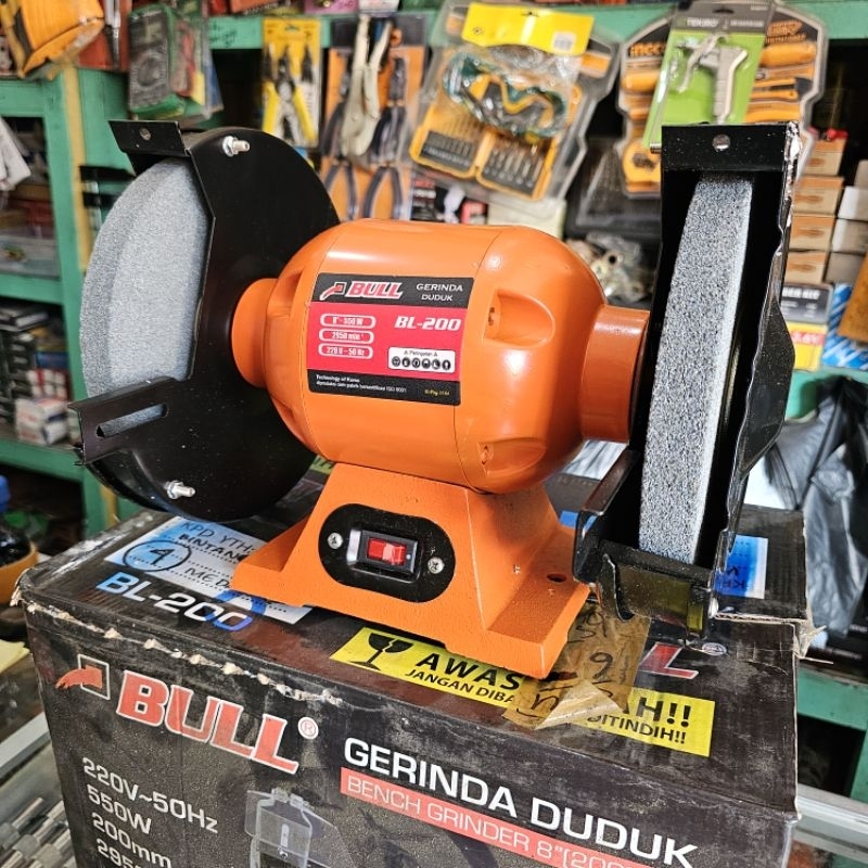 MESIN GERINDA DUDUK 8" BULL BL-200 BENCH GRINDER 8 INCH 550 WATT 205MM ASAH BESI BATU KAYU BAJA