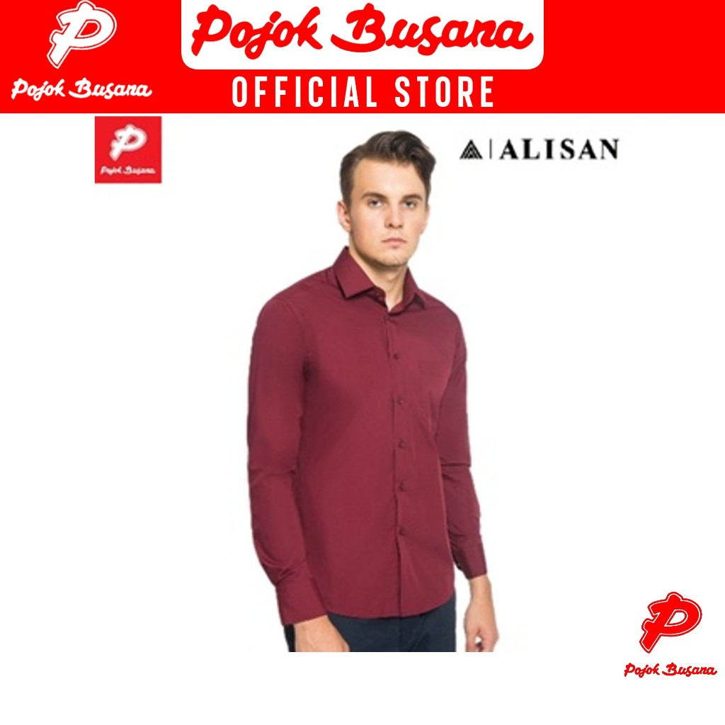 Pojok Busana Alisan Kemeja Lengan Panjang Polos Pria Reguler Fit New Merah Maroon