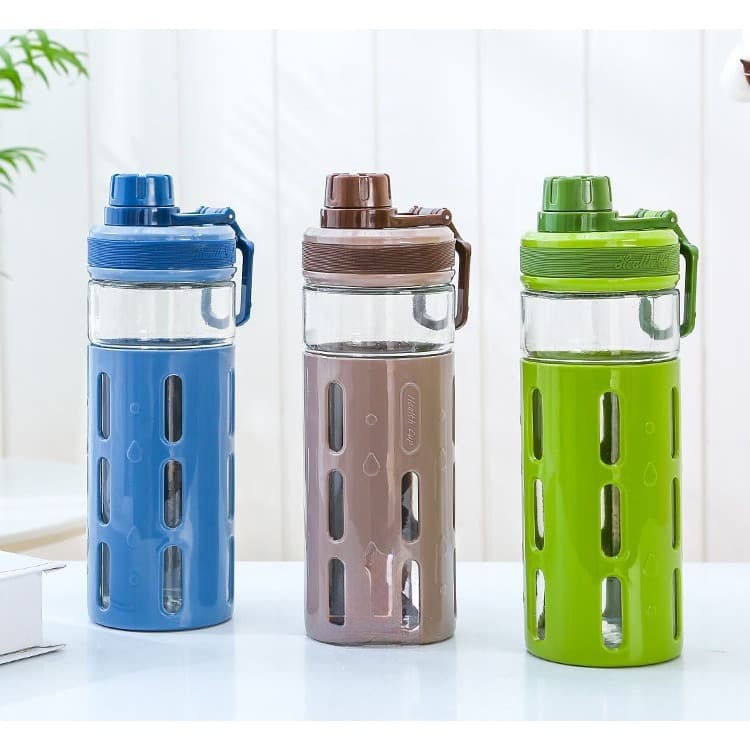 Botol Minum Kaca Lapis Karet Motif Lucu Tumbler Kaca Botol Minum Kaca Motif Cover Plastik 750ml