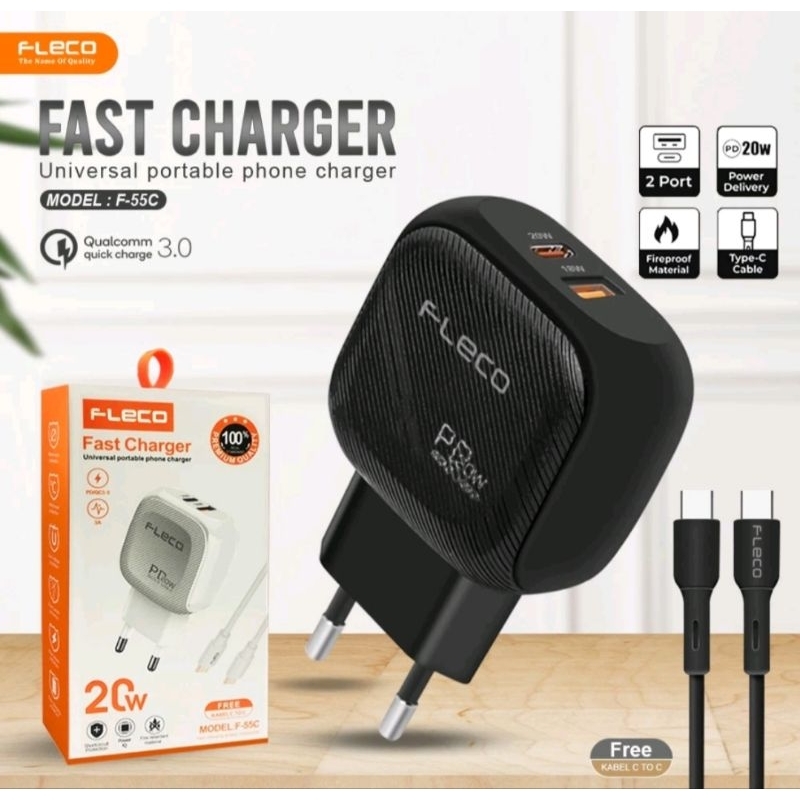 CHARGER FLECO PD FAST CHARGING USB PORT 20W F55C FREE KABEL C TO C