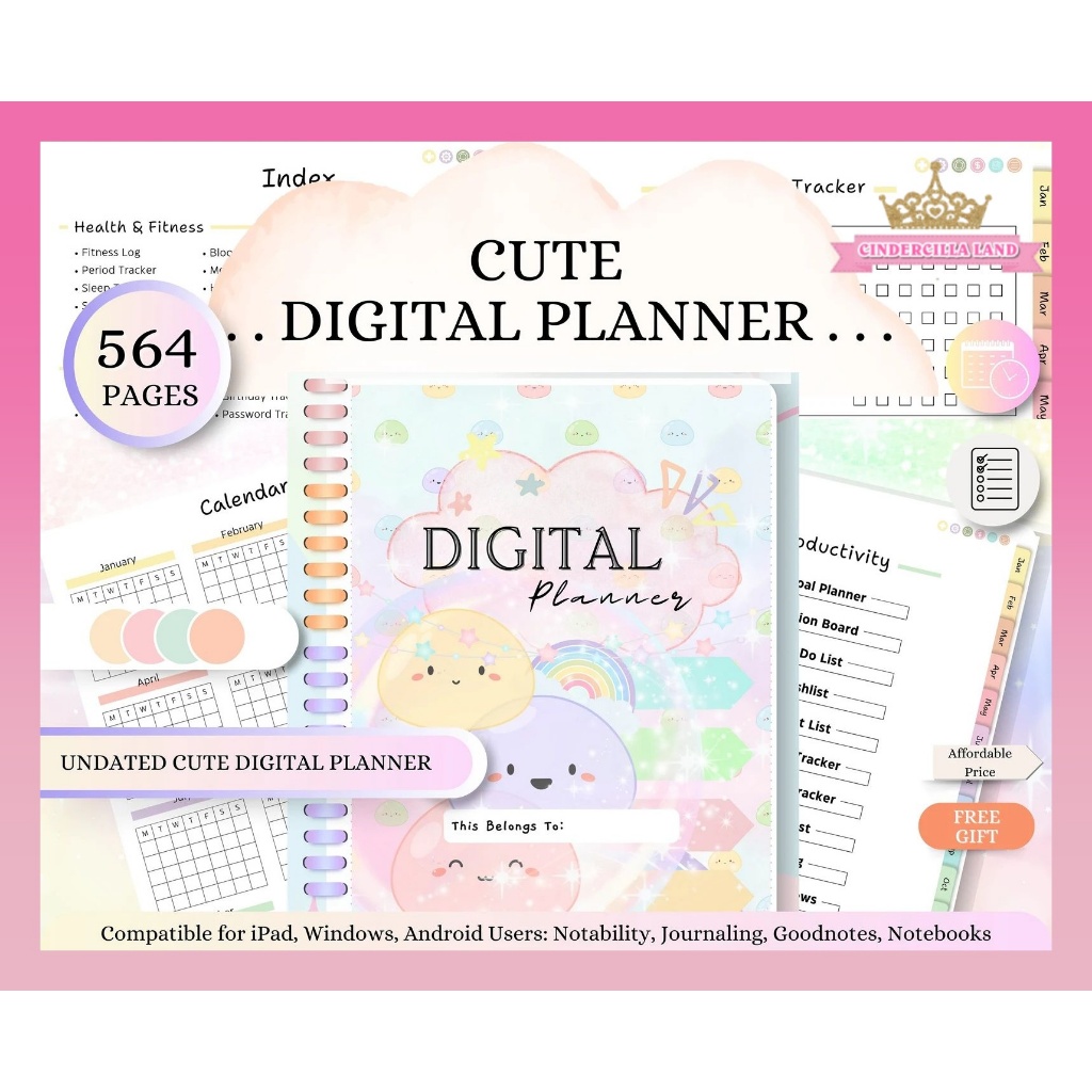 CINDERCILLA LAND Cute 2024 Undated Digital Planner/ Cute Digital Planner 2024/ Daily 2024 Digital Pl