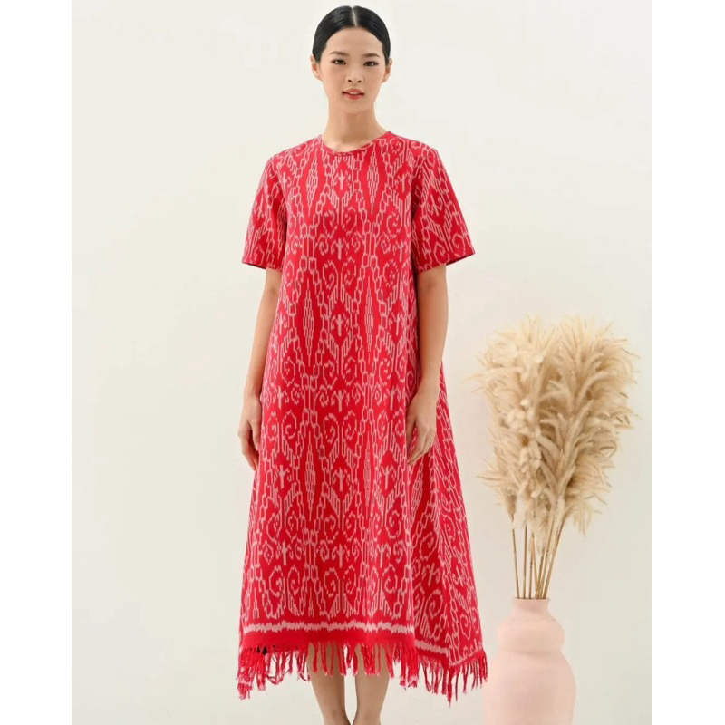 Midi Dress Tenun Wanita Baju Tenun Wanita Tenun Blanket Tradisional Warna Fuschia