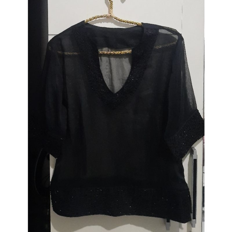 Preloved - Blouse hitam transparan outer hitam wanita