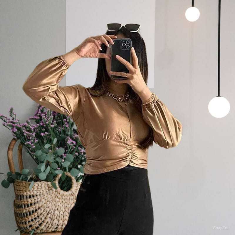 V-Neck Long Sleeve Pleated Blouse Top