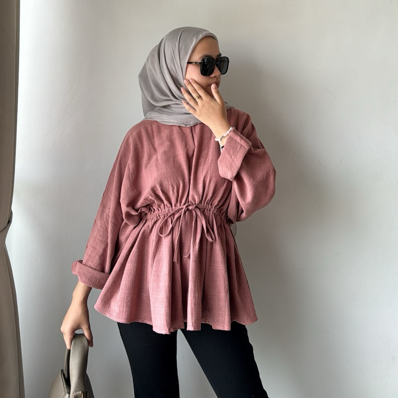 TRENDING SEKARANG MOSCHA - by YELLOWFACY (545) Baju Atasan Wanita Blouse Karet Pinggang Linen