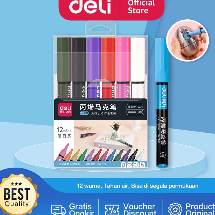 

Premium Deli Acrylic Marker Spidol Akrilik Papan Tulis Kaca 12 Warna Anti Air S583