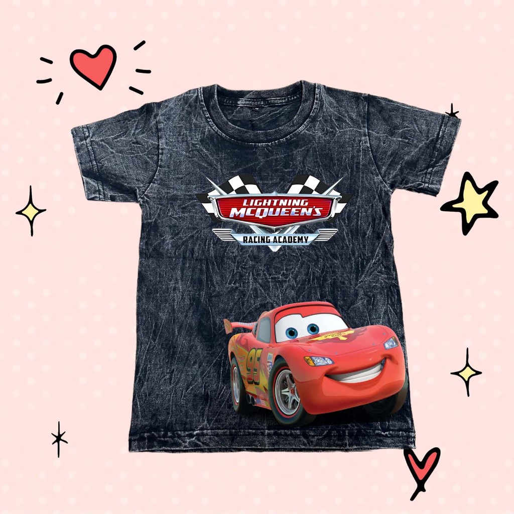 Baju Kaos Anak Washed Varian Warna Motif Lightning Mcqueen Bahan Premium