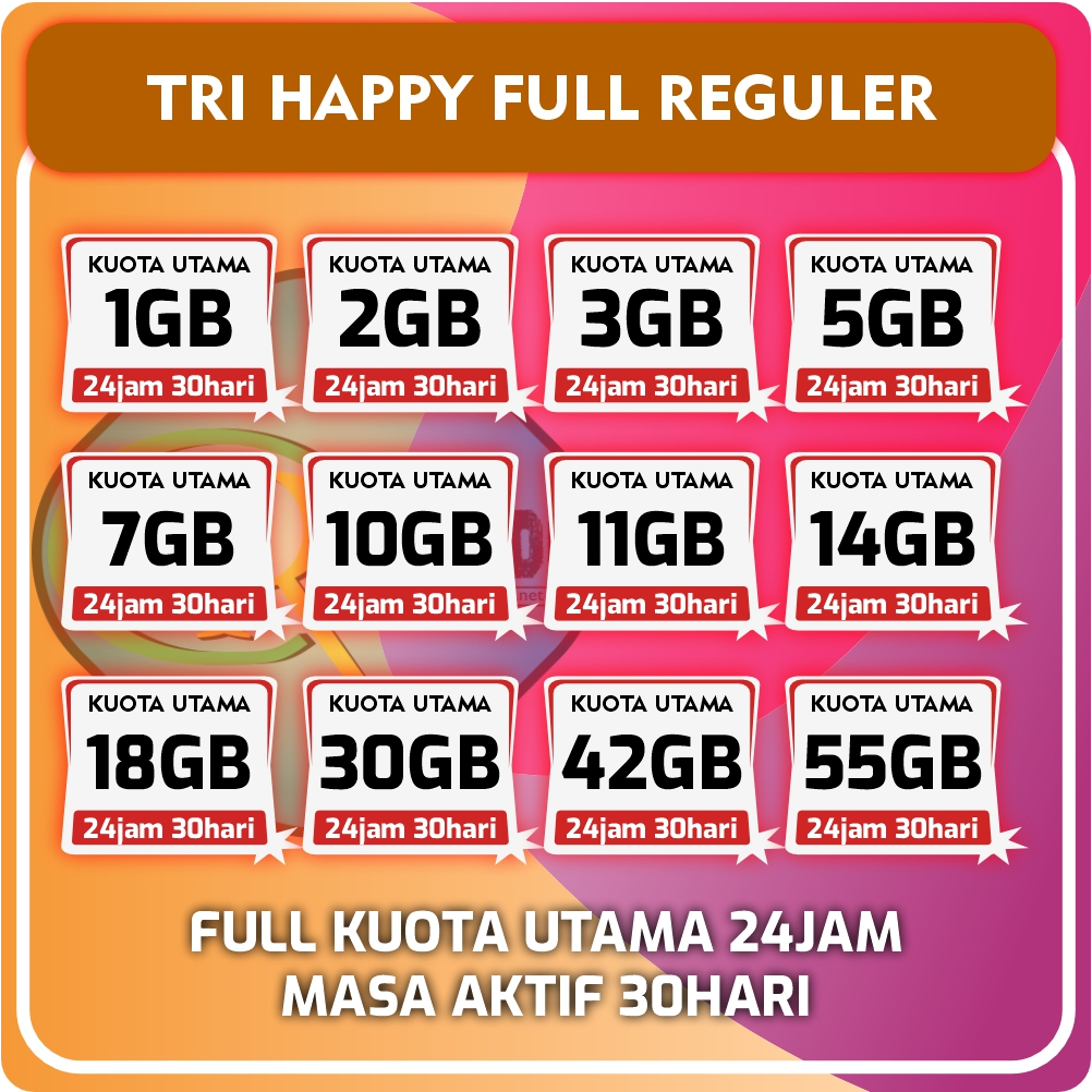 Kuota Internet Murah Tri Three Happy AlwaysON AON 7GB 14GB 18GB 30GB 42GB 55GB 30hari