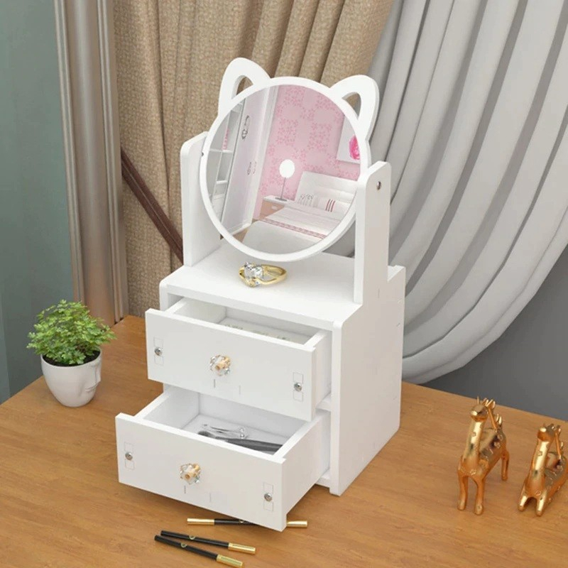 Rak Cermin Makeup Kosmetik Putih 2 Laci Rak Tempat Make Up Skincare 2 Susun Cermin Lemari Mini