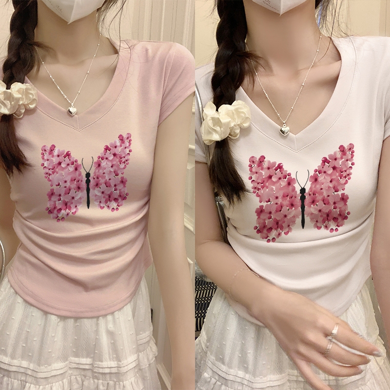 Kaos crop pendek slimfit leher V kupu-kupu merah muda /baju ketat crop top t shirt Wanita Korean sty