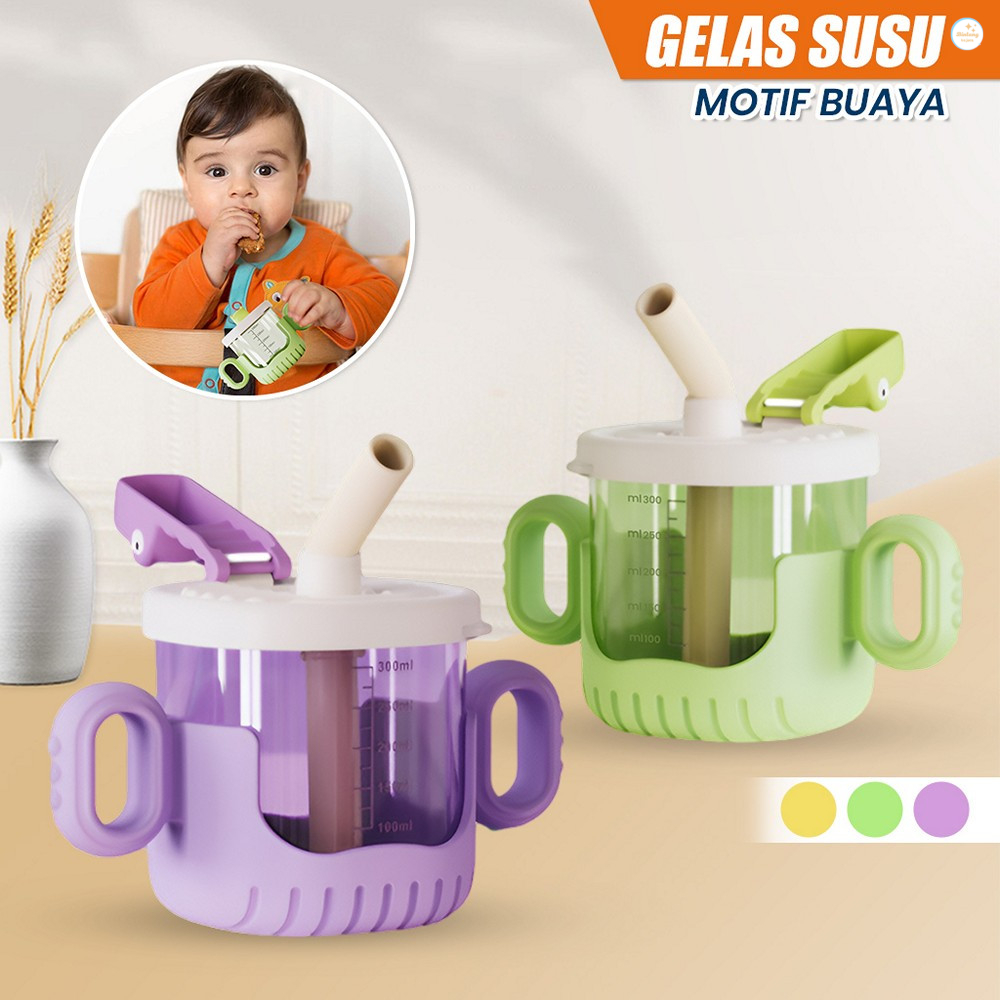 Gelas Minum Anak Baby Training Cup 300ML Motif Buaya dengan Pegangan dan Sedotan Silikon / Gelas Sus