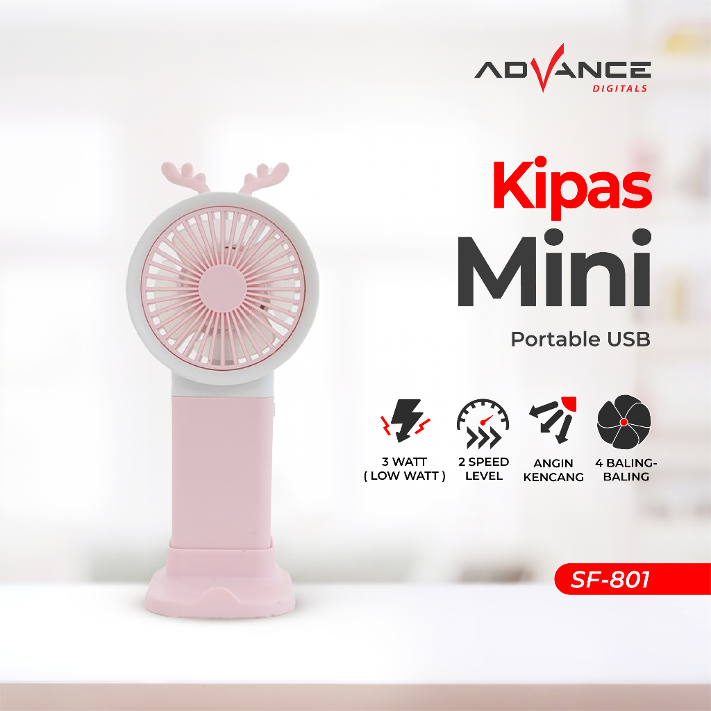 ADVANCE Kipas Angin Mini SF-801 Portable Genggam Cute Mini Fan Kipas Leher Kecil Display USB Charger