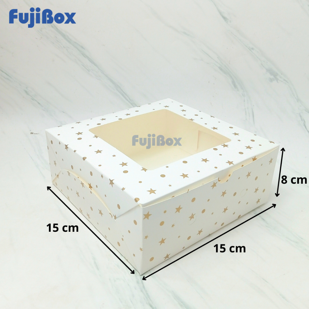 

(10 Pcs) Fuji Box Dus Kotak Kue Ivory Motif Polkadot Bintang Emas 15 cm x 15 cm x 7 cm Putih Ivory Premium Jendela