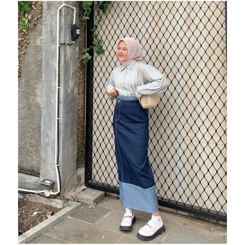 Two Tone - Rok Skrit - Jeans Highwaist Wanita Streach