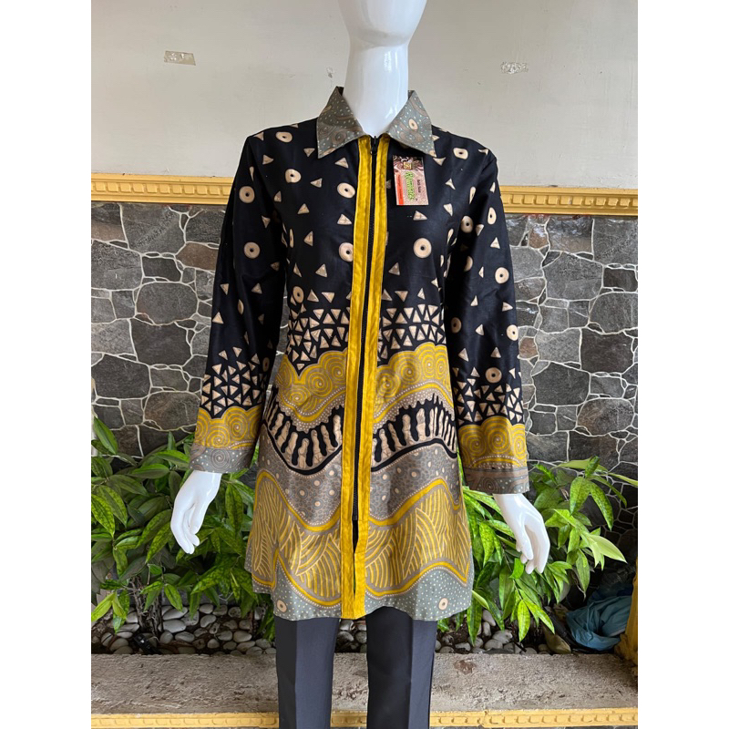 TUNIK BATIK COUPLE HEM PANJANG HEM PENDEK SARIMBIT SERAGAMAN HITAM KUNING BATIK POLA