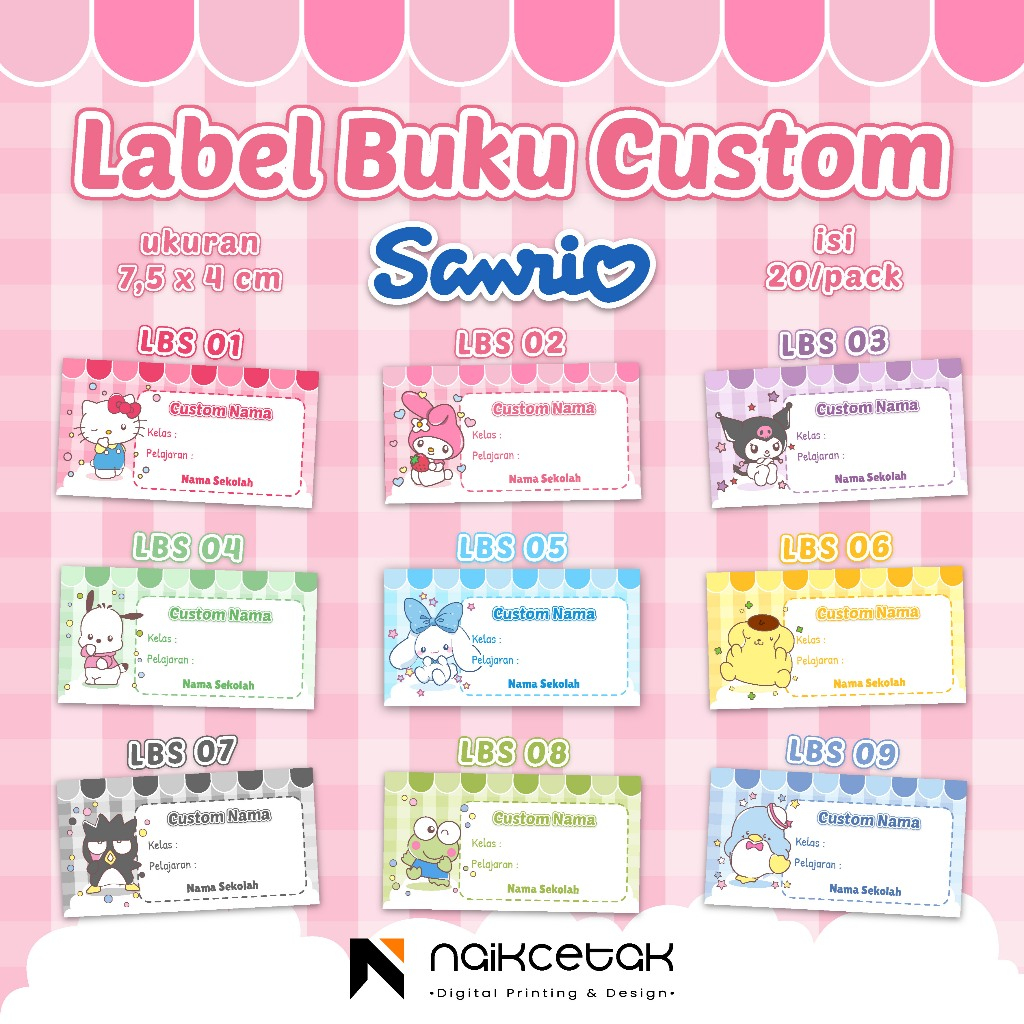 

LABEL STICKER BUKU CUSTOM PELAJARAN SANRIO Hello Kitty Kuromi My Melody Cinnamoroll Keroppi Pompompurin Badtz-Maru Pochacco Tuxedo Sam