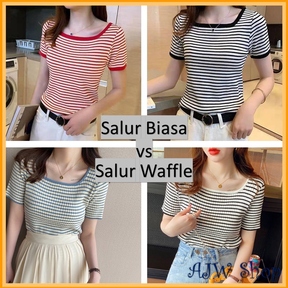 HEBOH AJW Kaos Knit Korean Style Import Salur Garis Garis  Kaos Pendek Wanita HA HAC  Kaos Rajut  Ka