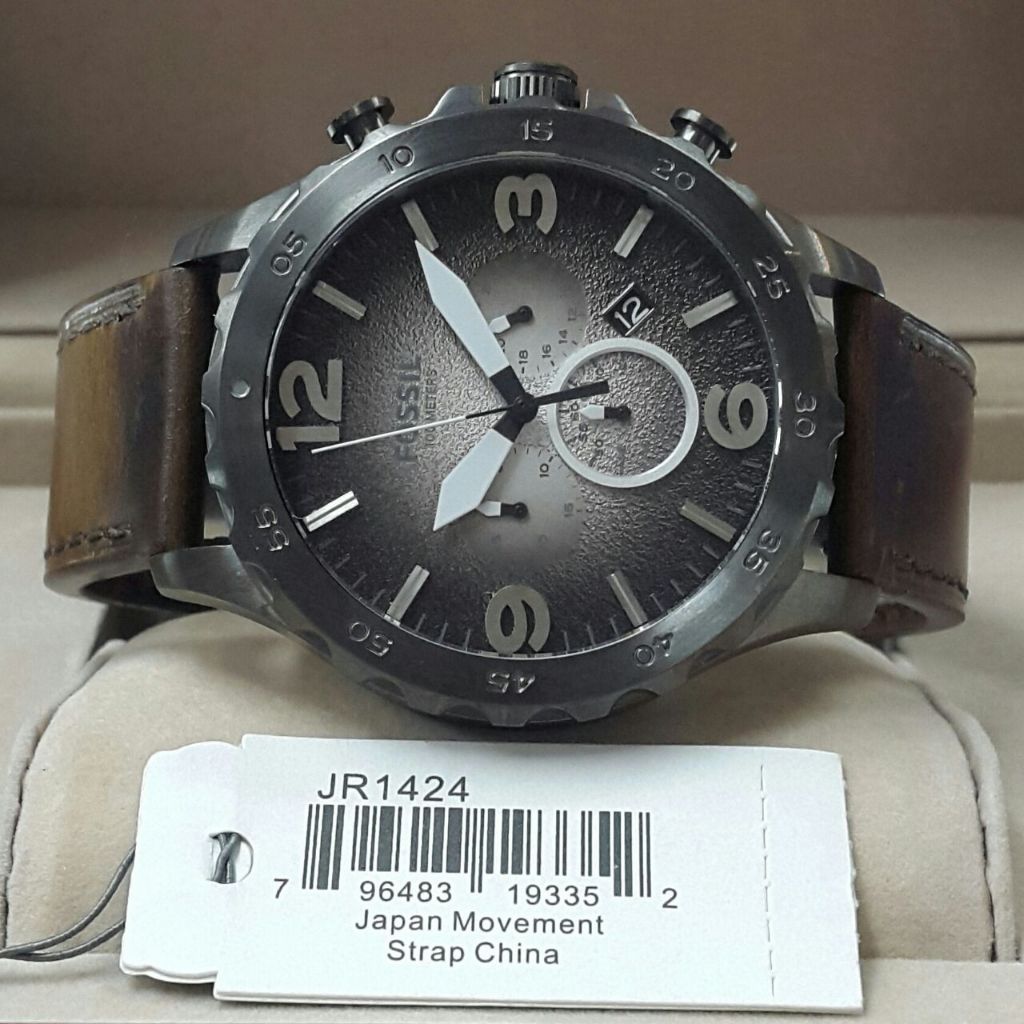 Jam Tangan Pria FL N*t* JR1424/JR1437 Chronograph Sand Dial Grey Dark Brown Leather