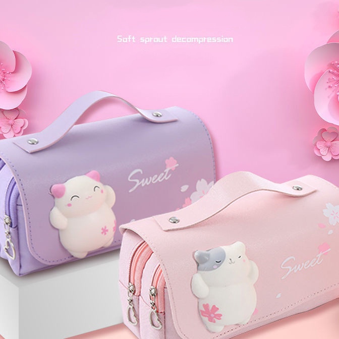 

murah Kartun tas pensil dekompresikapasitas besar siswa sekolah dasar tas pensil multifungsi dekompresisuper cute girl heart 3D net red pencil bag