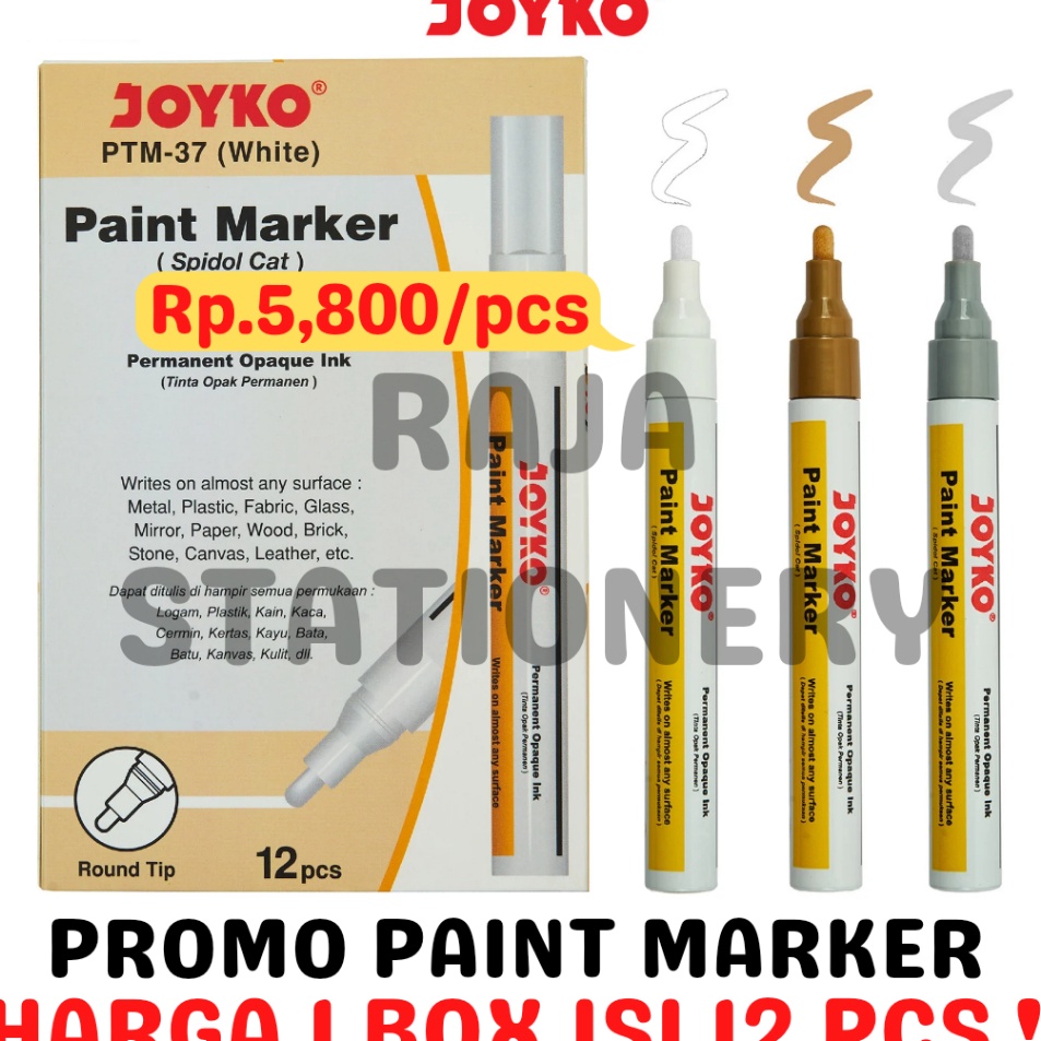 Mewah JOYKO PERMANENT PAINT MARKER WHITE GOLD SILVER BLACK SPIDOL KACA CAT PUTIH EMAS ABU HITAM 12PC