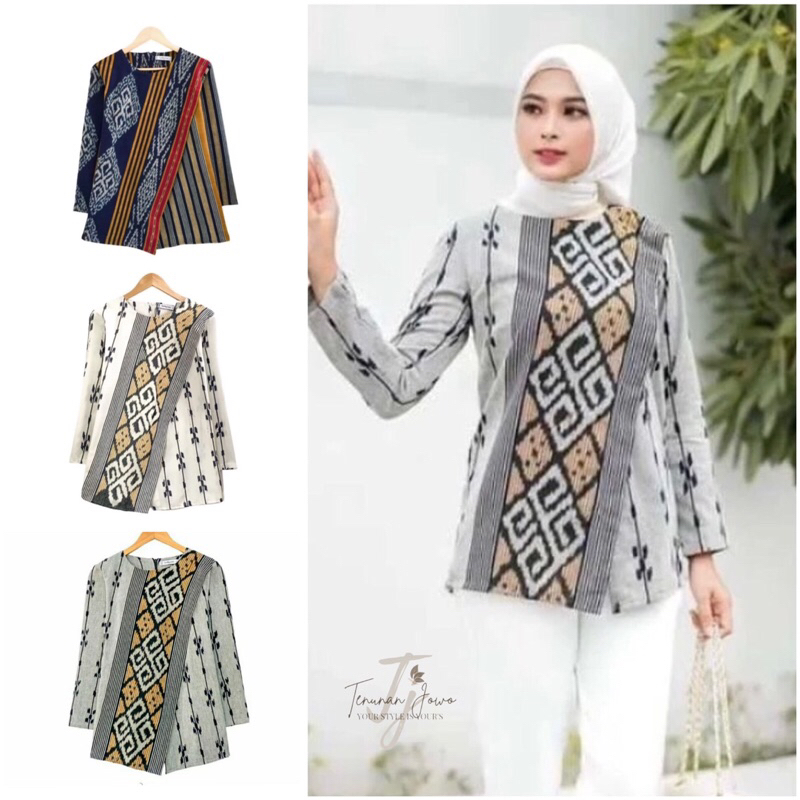 Baju Atasan Tenun Wanita Modern Model Silang Kekinian Lengan Panjang