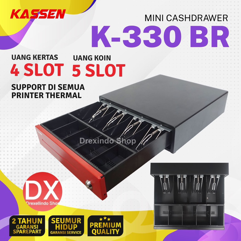 Cash drawer laci kasir KASSEN K-330 / K330BR / K330 BR (Black Red) 5 coins 4 bill RJ11