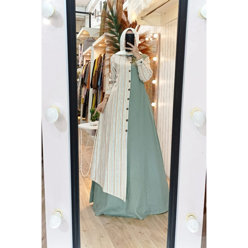 Gamis Sonia Dua Layer Motif Salur / Gamis Motif Kombinasi Terbaru / Gamis Premium Dz422