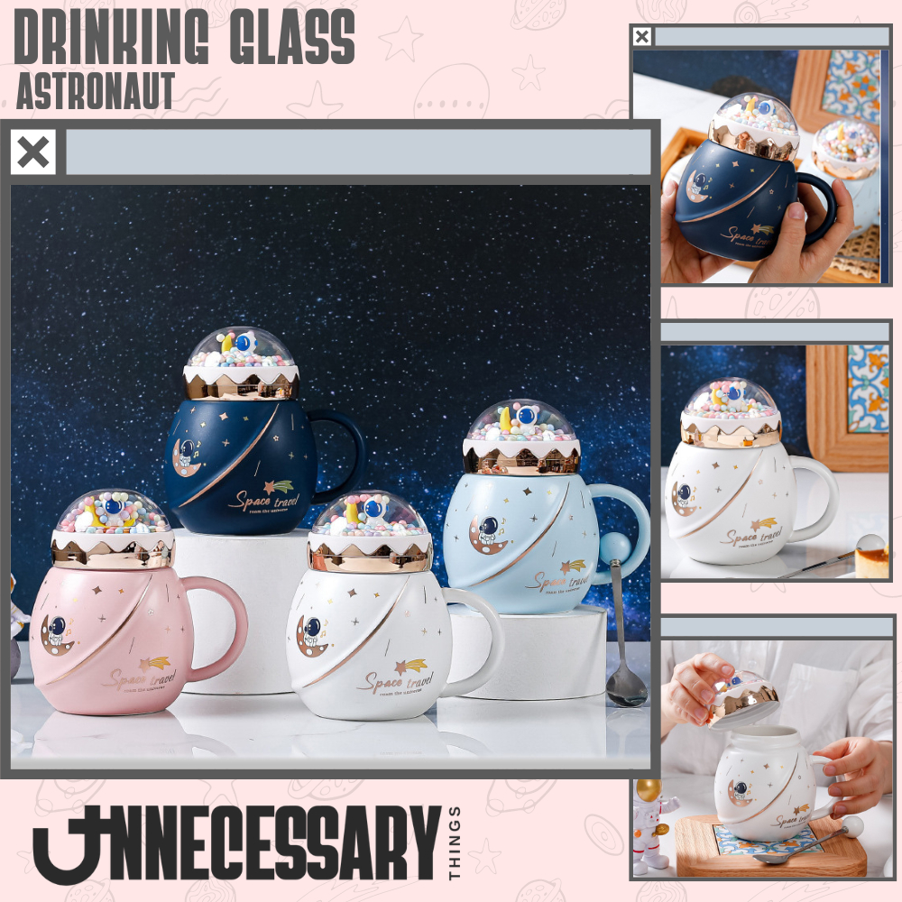 Mug Gelas Cangkir Keramik Astronot Planet Bola Karakter Teh Kopi Minuman Lucu Tutup Souvenir Hadiah