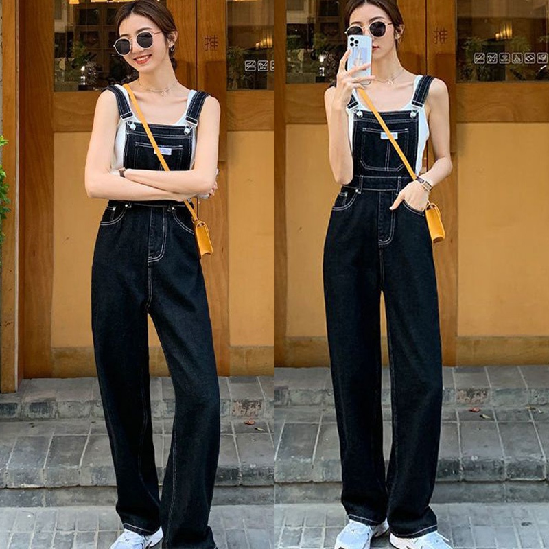 jumpsuit jeans wanita korean style /overall jeans suspender hitam Kaki lebar retro lurus wanita /ove