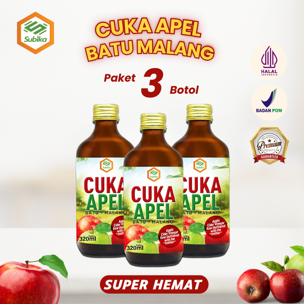 

[PAKET 3 BOTOL] Cuka Apel Batu Malang Subika Premium 320ML With Mother Original