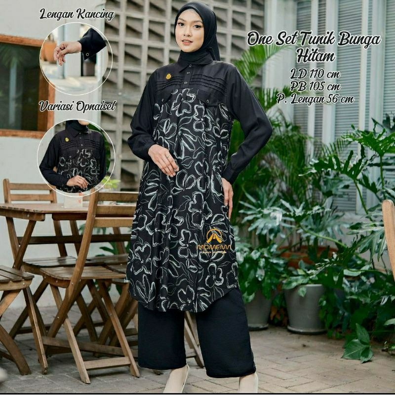 set long tunik bunga hitam