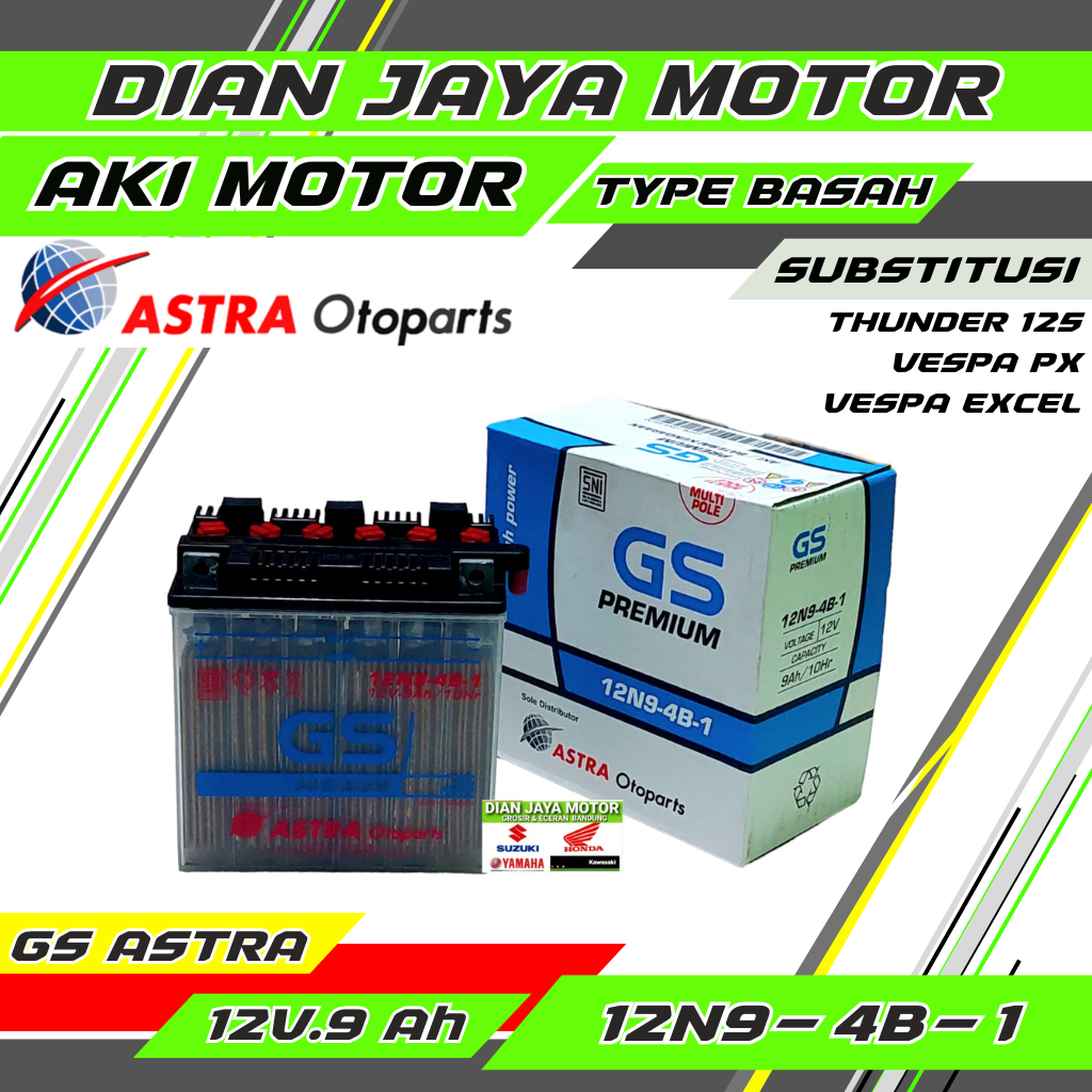 AKI ACCU MOTOR GS ASTRA 12N9-4B-1 12V 9AH TYPE BASAH AKI SUZUKI TANDER 125