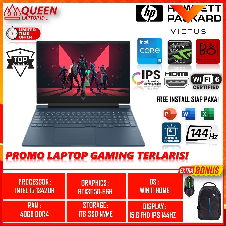 LAPTOP GAMING MURAH HP VICTUS 15 INTEL I5 13420H 32GB 1TB SSD RTX3050-6GB 15.6" FHD IPS 144HZ WIN11 