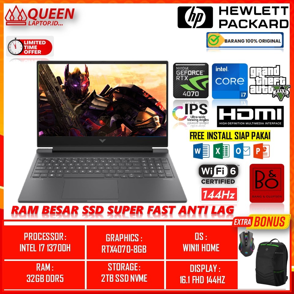 LAPTOP GAMING MURAH HP VICTUS 16 INTEL I7 13700H RAM 40GB 1TB SSD RTX4070-8GB 16.1 FHD 144HZ WIN11 T