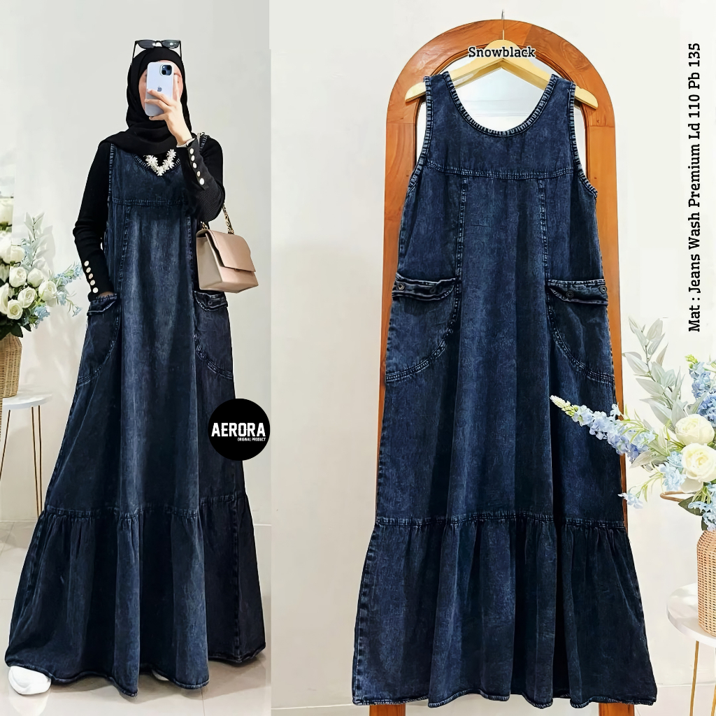 Aerora Baju Kodok Olla Overall Overal Dress Rok Panjang Jeans Wanita Terbaru 2025 Fashion Muslim