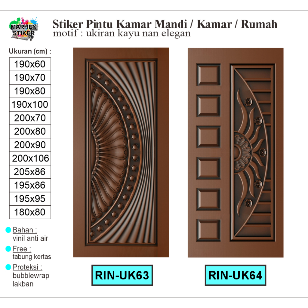 Stiker Pintu Kamar Mandi / Pintu Kamar / Pintu Rumah Motif Ukiran Kayu Bahan Vinil Anti Air