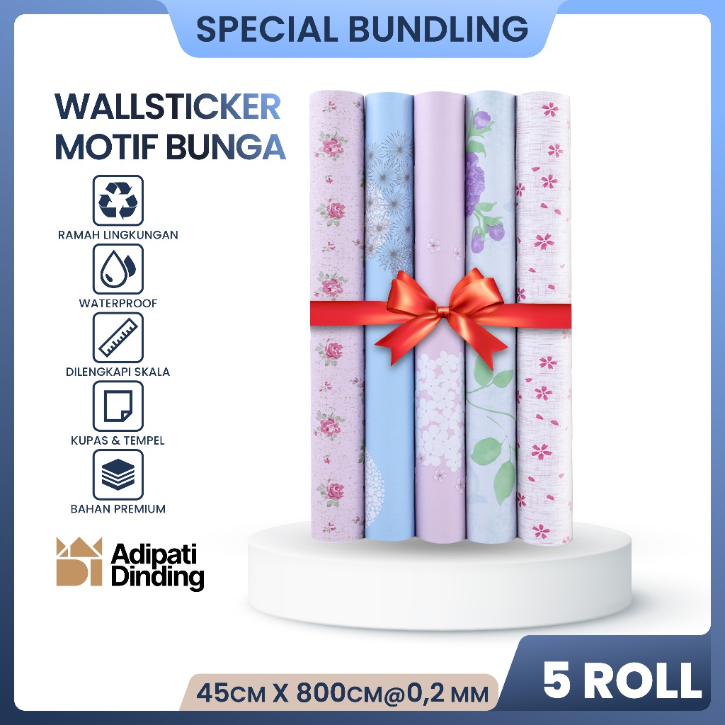 BUNDLE  PAKET ISI 5 ROLL/GULUNG WALLPAPER DINDING MOTIF BUNGA ALL VARIANT UKURAN PER ROLL 45CM X 7,5