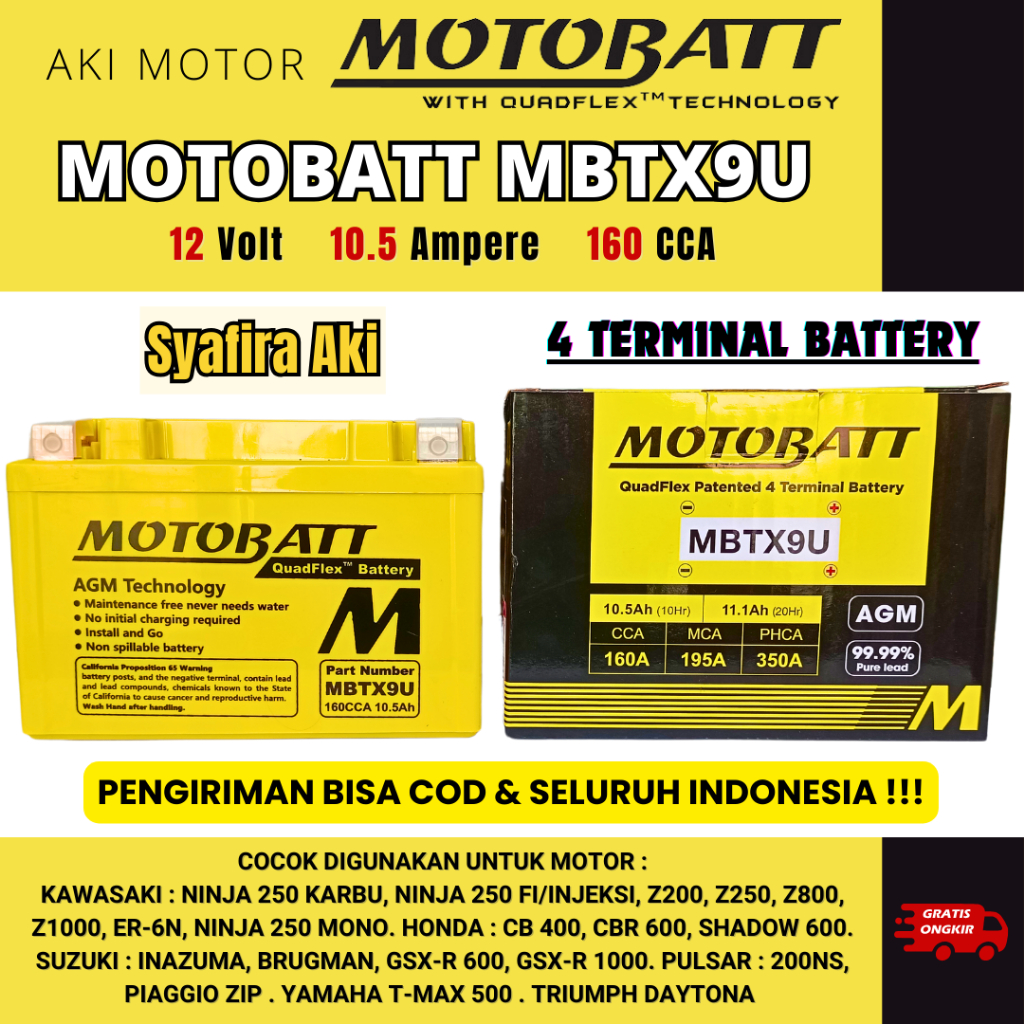 Aki Motor Pulsar 200NS -Honda CBR 600/ 900 Motobatt MBTX9U AKI GEL -AKI KERING 10.5Ah