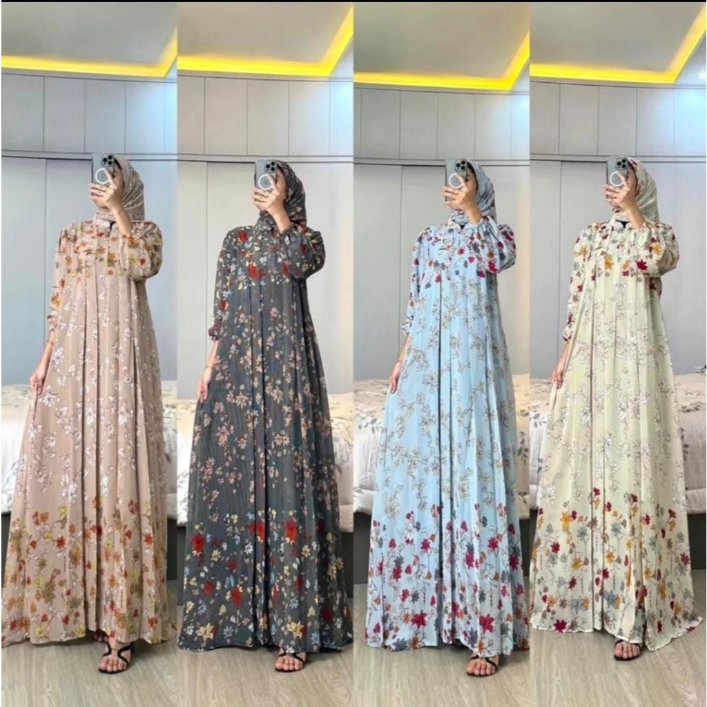 Ellone Fashion - Garnet Gamis Plisket Ceruty Premium Full Furing Ethnic Motif Bunga Free Hijab