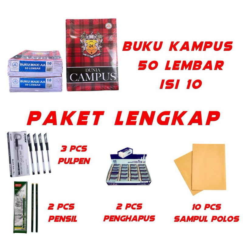 

Buku kampus 50 lembar paket murah isi B.kampus 50 isi (10pcs) pulpen gell 3pcs Pensil 2pcs & Pengapus 2pcs