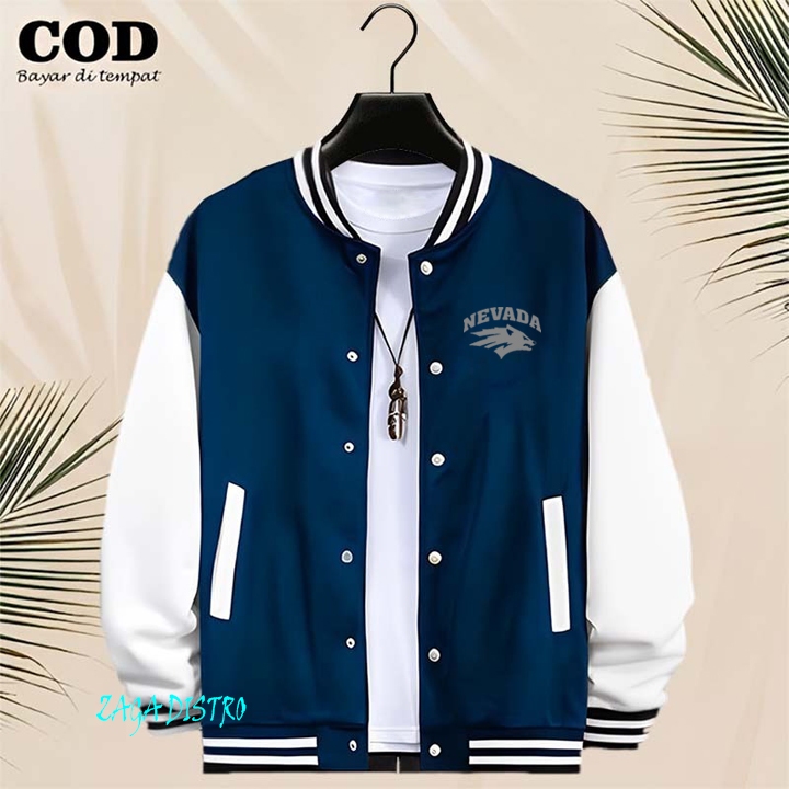 BISA COD Jaket Bomber Varsity Baseball Kancing Nevada Text Silver Jaket Varsity Pria / Baseball Dist