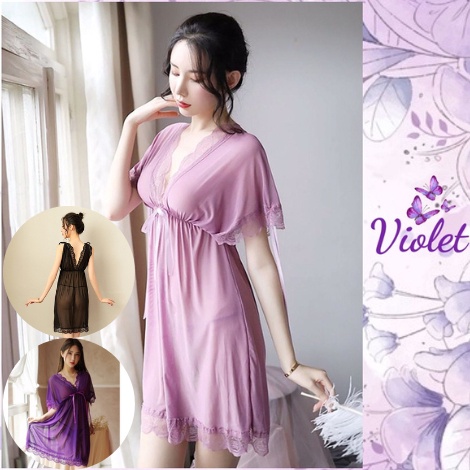 KODE H58J Violet Lingerie Set Kimono Jumbo Wanita Sexy V Neck Daster Jumbo  G String Model Babydoll 