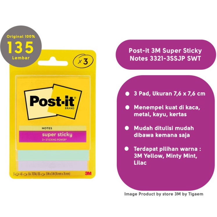 

Terkini Postit 3M Super Sticky Notes 3x3 45Lembar Isi 3 Pad 33213SSJP SWT
